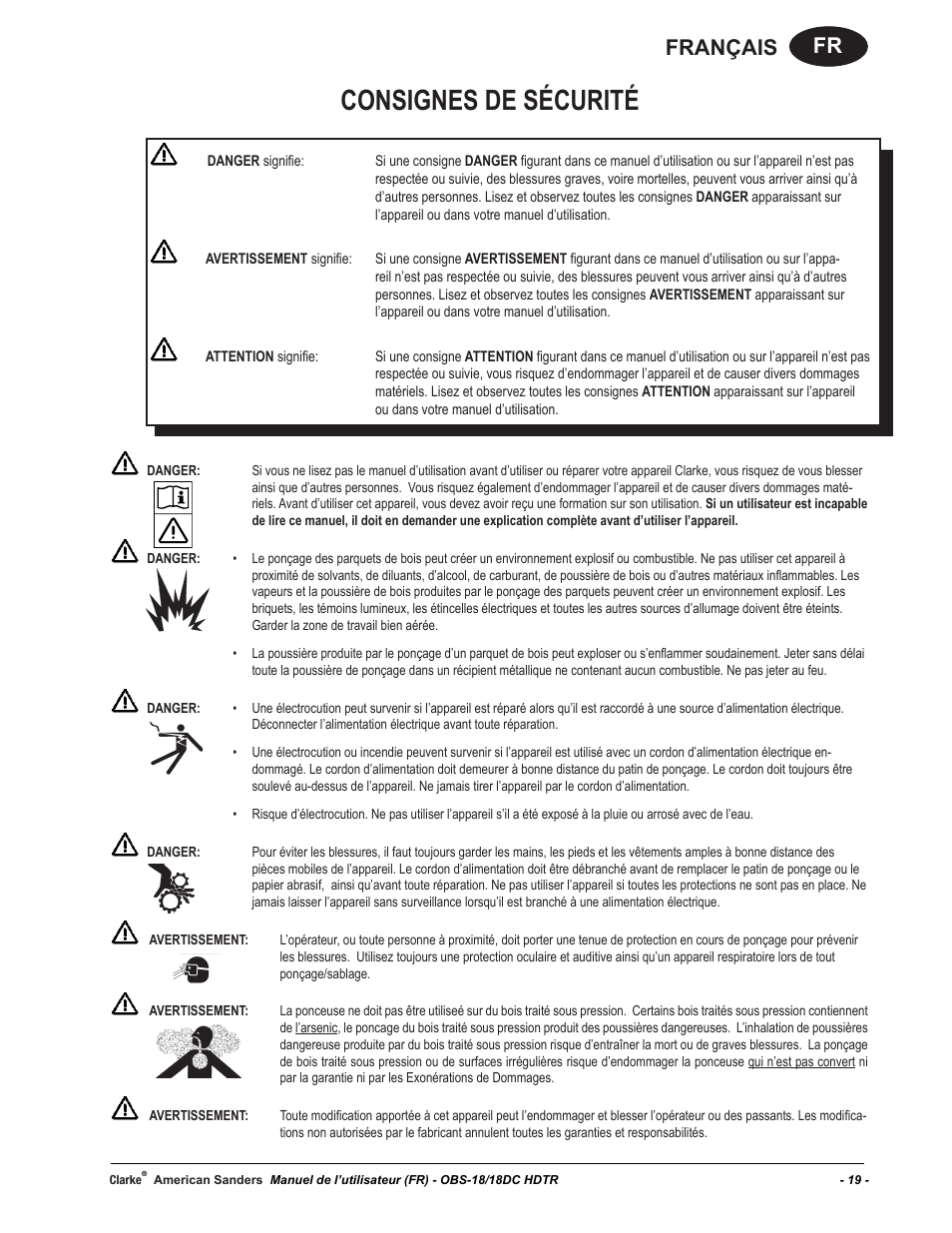 Consignes de sécurité, Fr français | American Sanders OBS 18DC Orbital Sander User Manual | Page 19 / 36