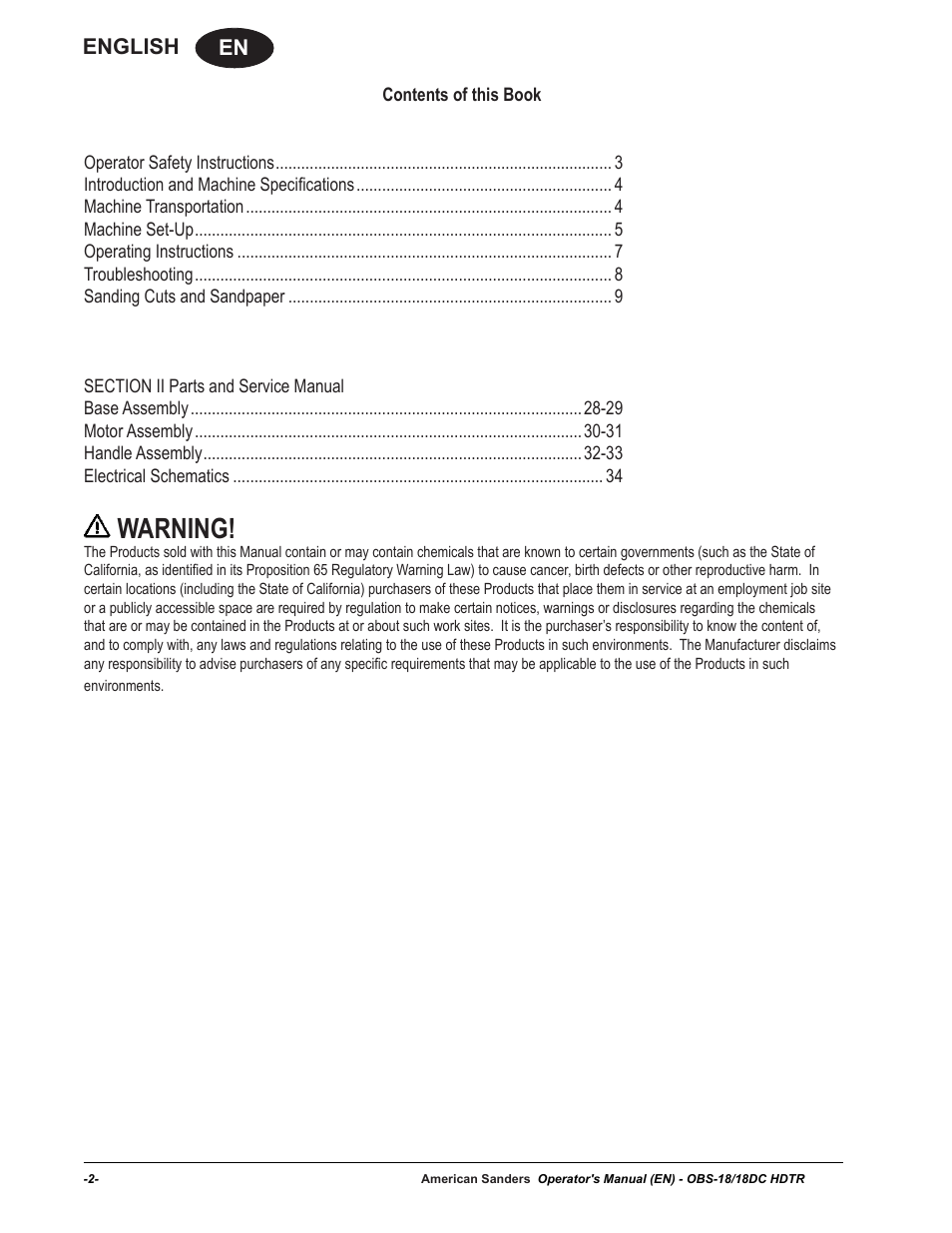 Warning, En english | American Sanders OBS 18DC Orbital Sander User Manual | Page 2 / 36