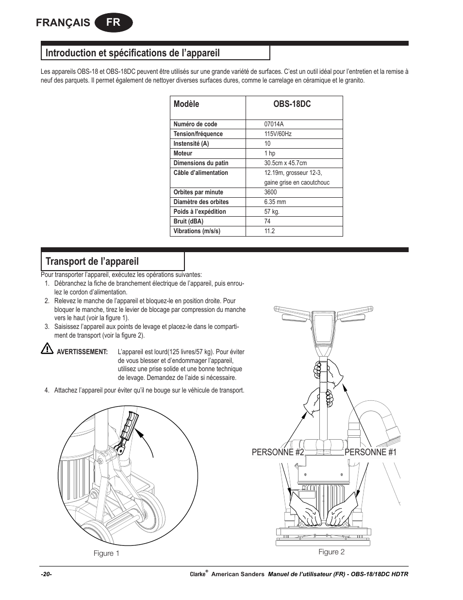 Fr français, Introduction et spécifications de l’appareil, Transport de l’appareil | Modèle obs-18dc, Person #1 person #2 personne #2 personne #1 | American Sanders OBS 18DC Orbital Sander User Manual | Page 20 / 36