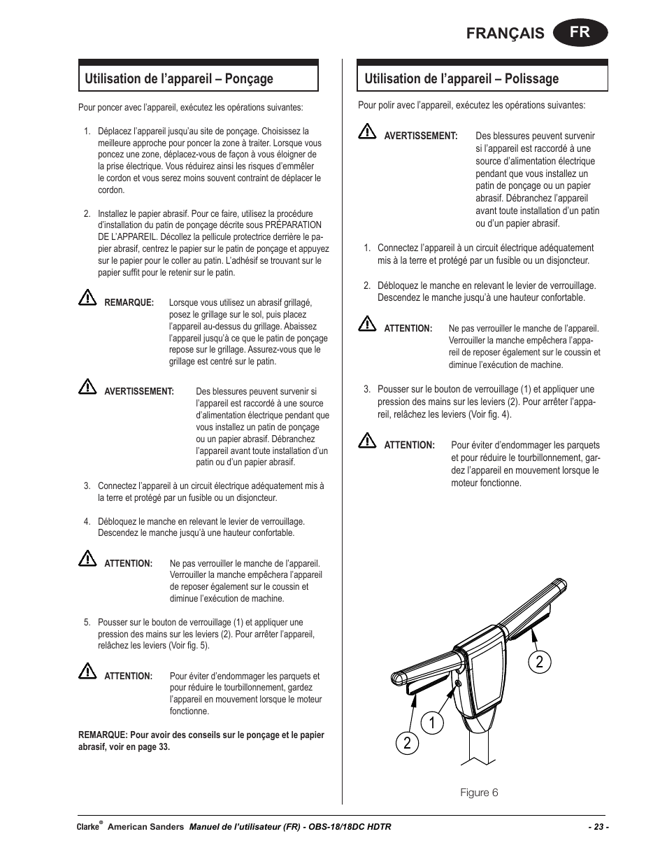 Fr français, Utilisation de l’appareil – ponçage, Utilisation de l’appareil – polissage | American Sanders OBS 18DC Orbital Sander User Manual | Page 23 / 36