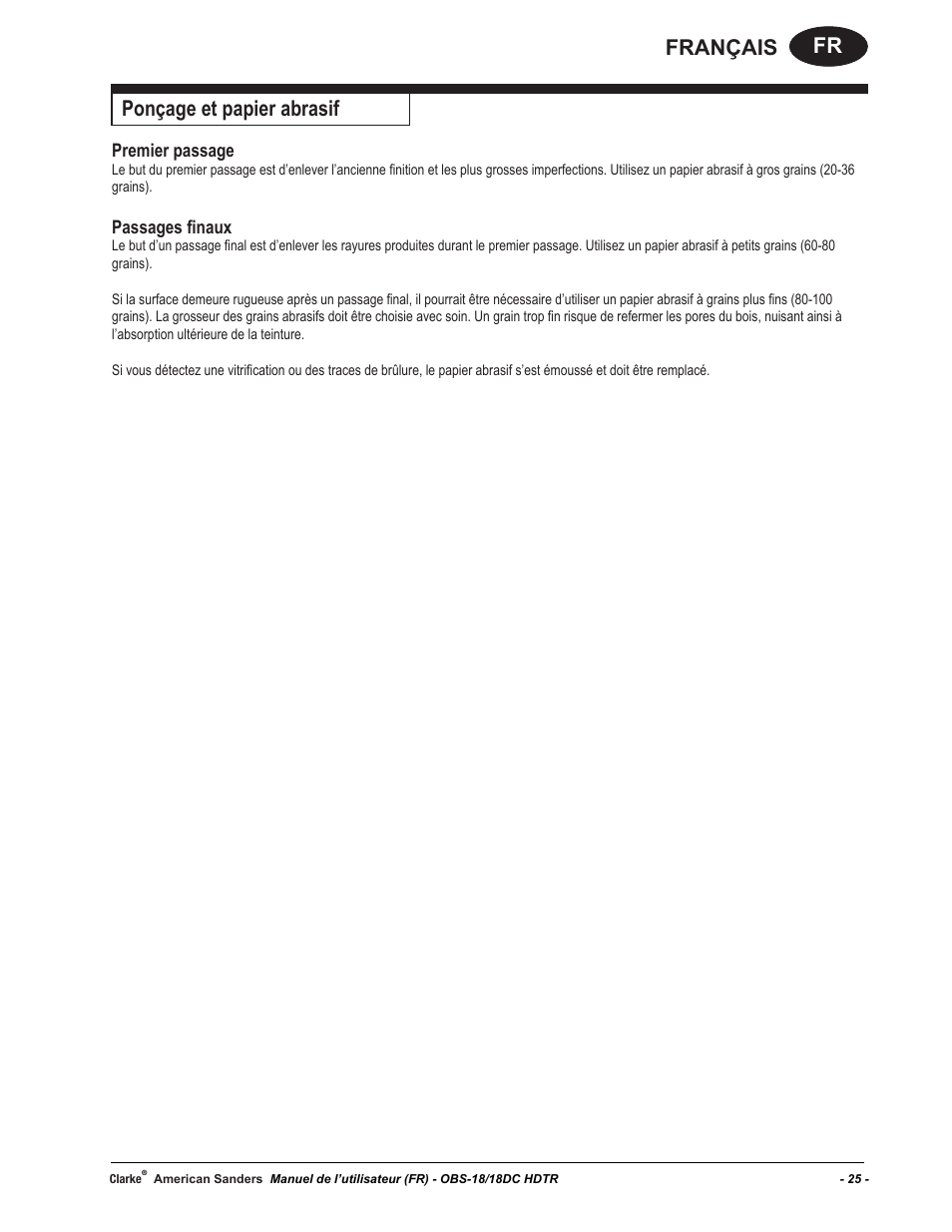 Fr français ponçage et papier abrasif, Premier passage, Passages finaux | American Sanders OBS 18DC Orbital Sander User Manual | Page 25 / 36