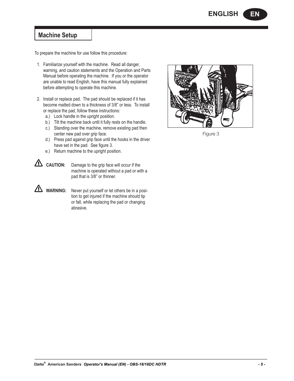 En english, Machine setup | American Sanders OBS 18DC Orbital Sander User Manual | Page 5 / 36