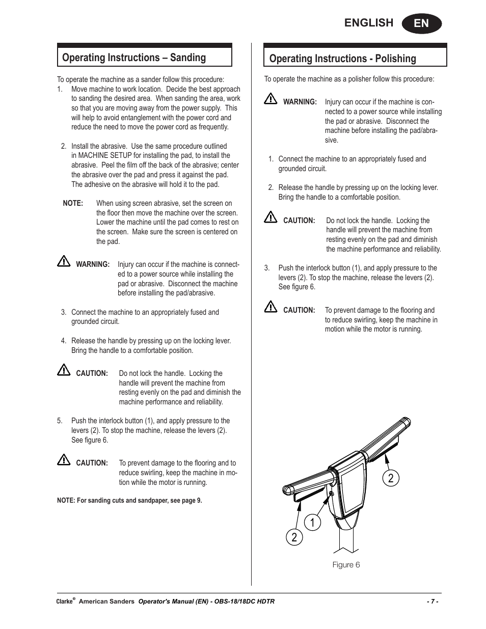 En english, Operating instructions – sanding, Operating instructions - polishing | American Sanders OBS 18DC Orbital Sander User Manual | Page 7 / 36