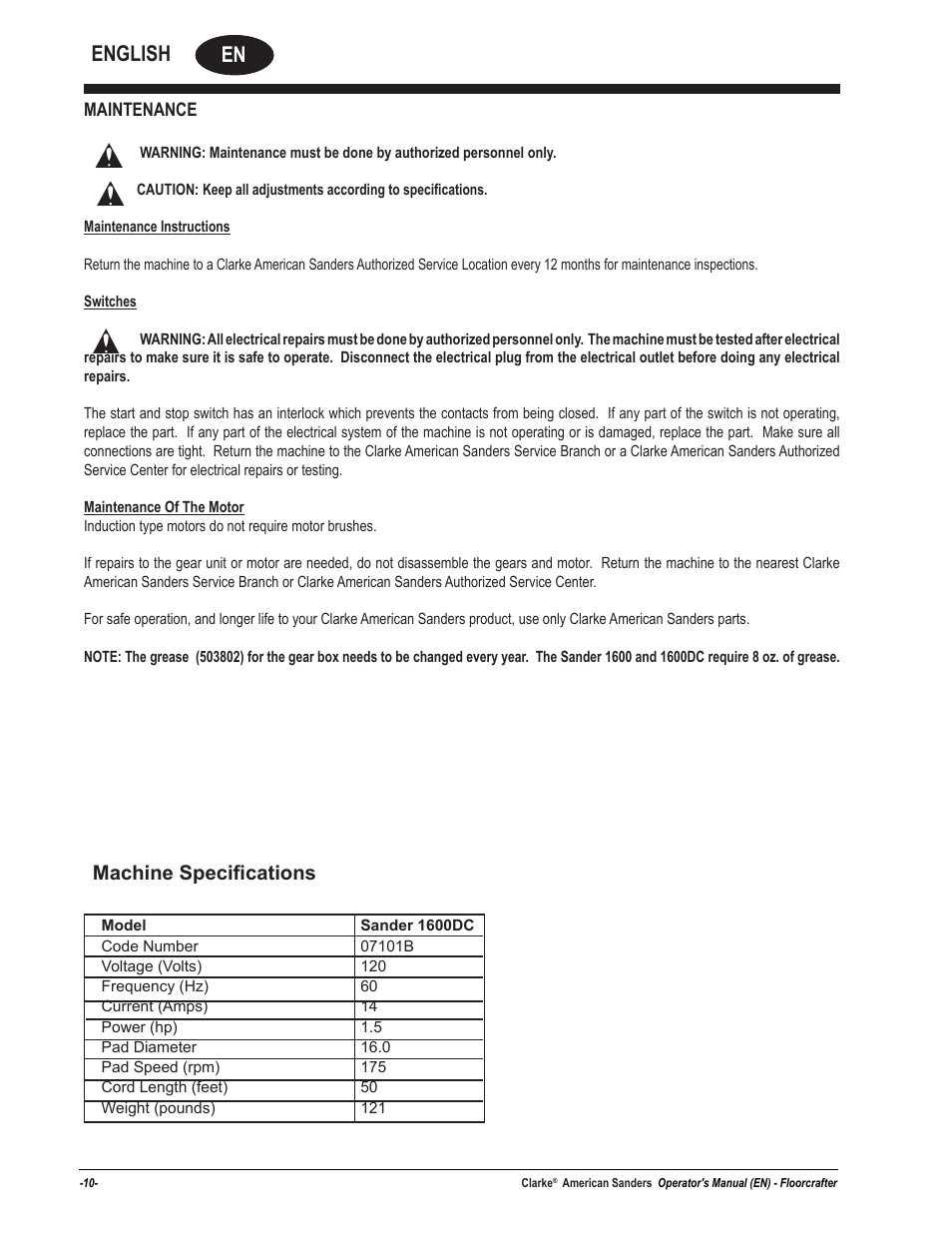En english, Machine specifications | American Sanders Disc Sander 1600DC User Manual | Page 10 / 42