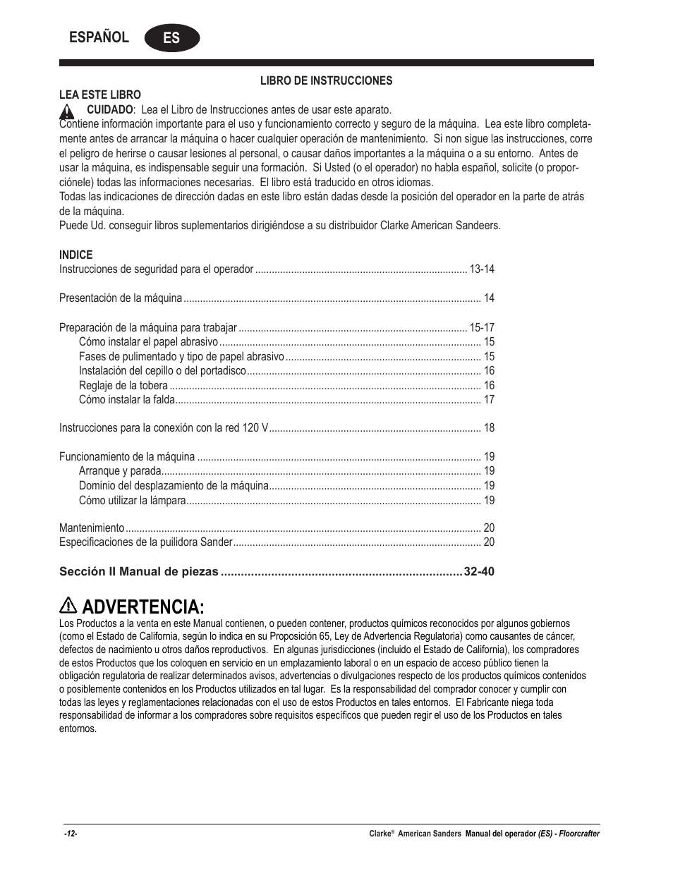 Advertencia, Es español | American Sanders Disc Sander 1600DC User Manual | Page 12 / 42