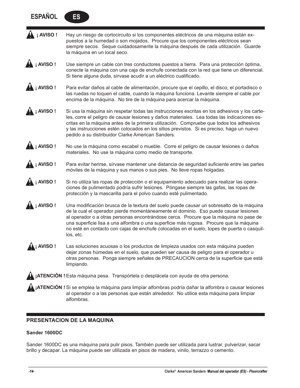 Es español | American Sanders Disc Sander 1600DC User Manual | Page 14 / 42