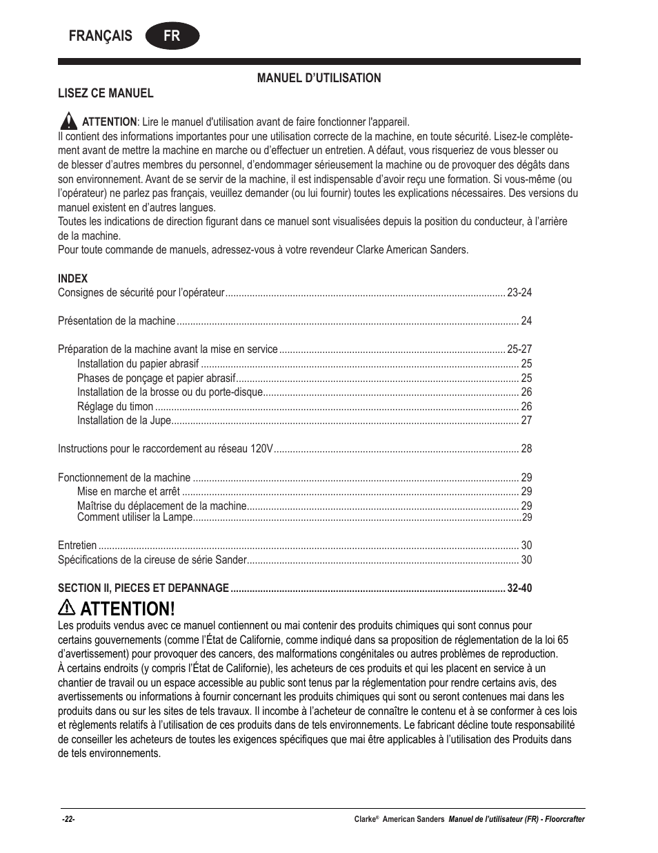 Attention, Fr français | American Sanders Disc Sander 1600DC User Manual | Page 22 / 42