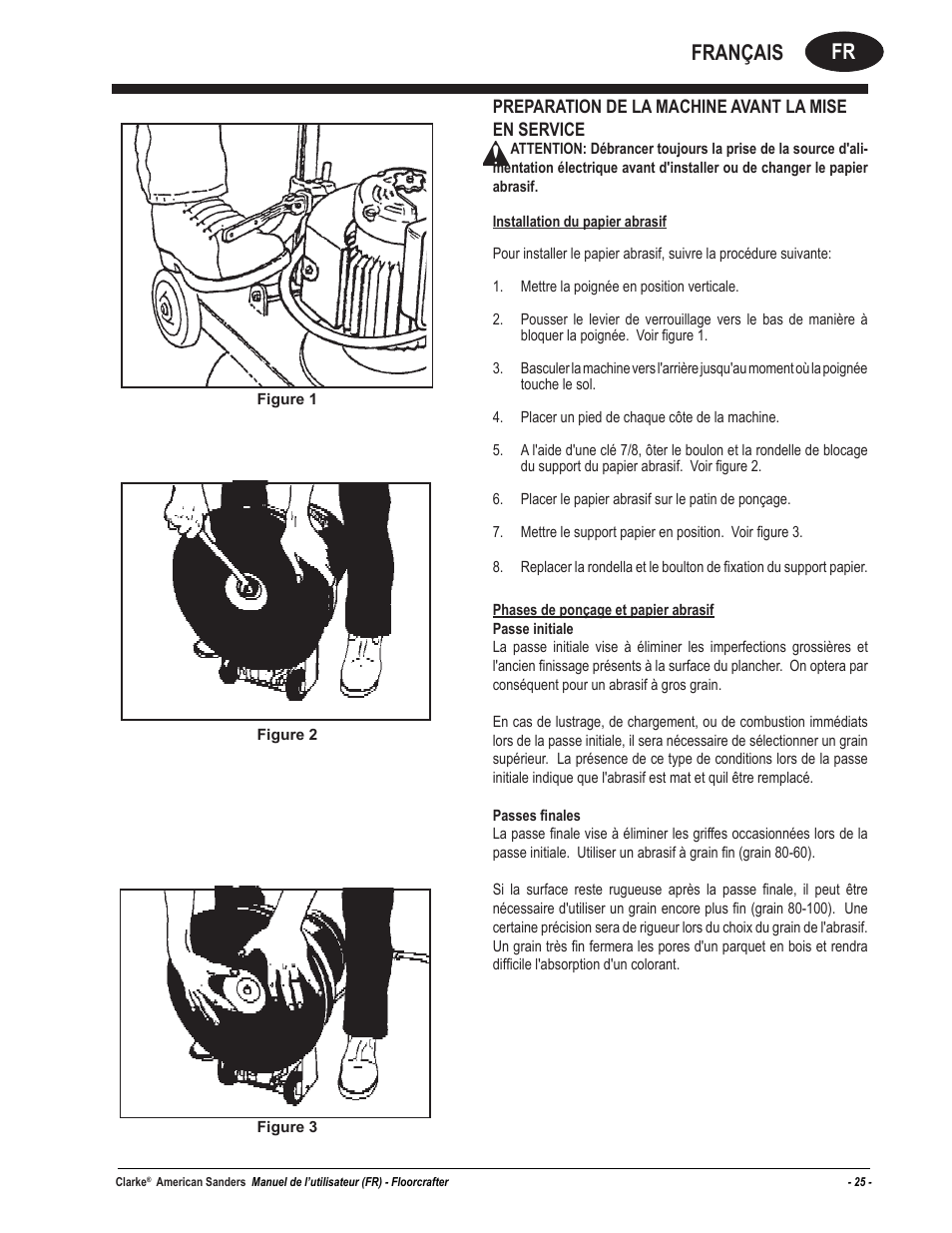 Fr français, Preparation de la machine avant la mise en service | American Sanders Disc Sander 1600DC User Manual | Page 25 / 42