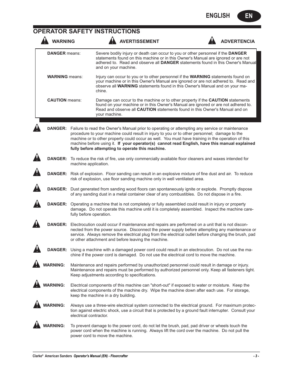 En english, Operator safety instructions | American Sanders Disc Sander 1600DC User Manual | Page 3 / 42