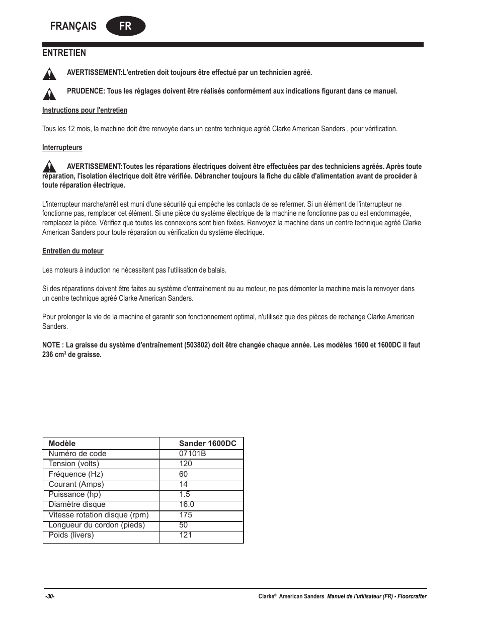 Fr français | American Sanders Disc Sander 1600DC User Manual | Page 30 / 42