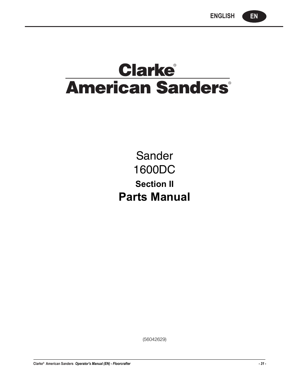 Sander 1600dc, Parts manual, En english | American Sanders Disc Sander 1600DC User Manual | Page 31 / 42