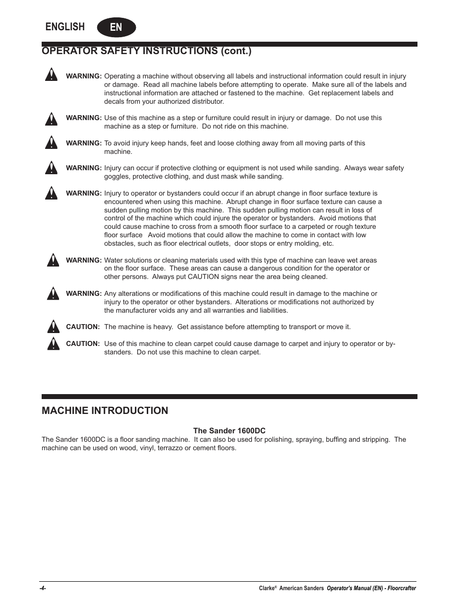 En english, Operator safety instructions (cont.), Machine introduction | American Sanders Disc Sander 1600DC User Manual | Page 4 / 42