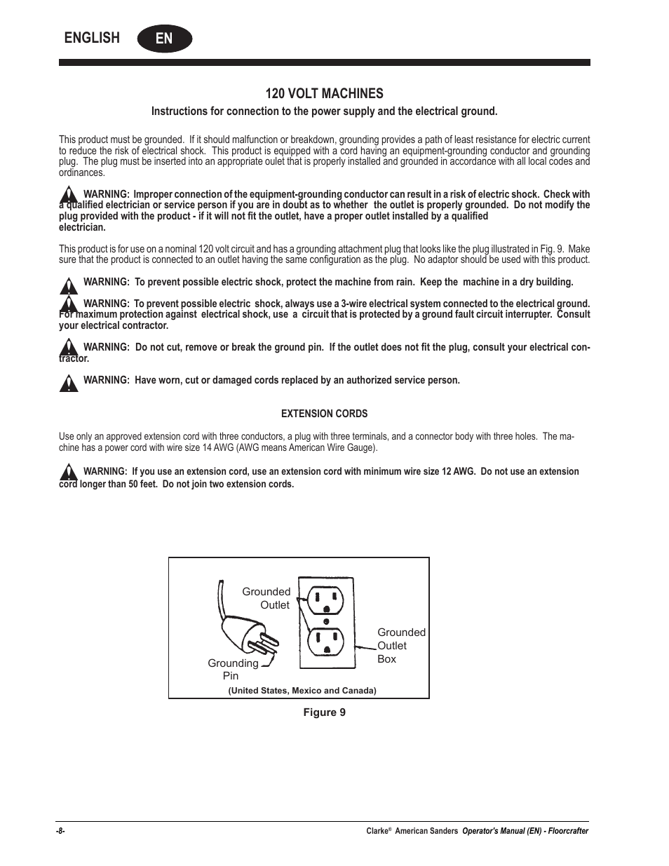 En english, 120 volt machines | American Sanders Disc Sander 1600DC User Manual | Page 8 / 42