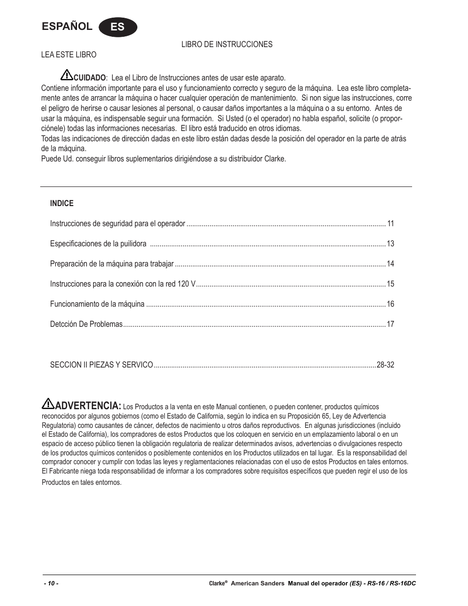 Es español, Advertencia | American Sanders RS-16DC Rotary Sander User Manual | Page 10 / 34