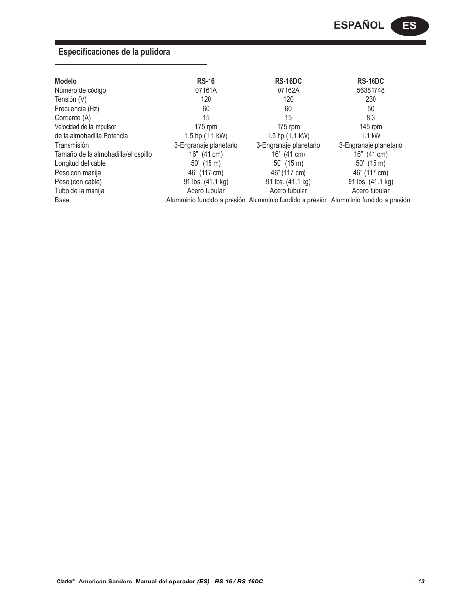 Es español, Especificaciones de la pulidora | American Sanders RS-16DC Rotary Sander User Manual | Page 13 / 34