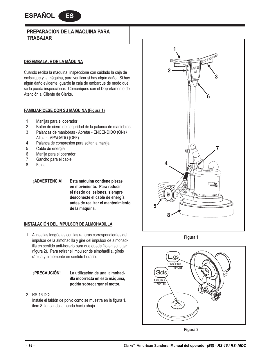 Es español, Lugs slots | American Sanders RS-16DC Rotary Sander User Manual | Page 14 / 34