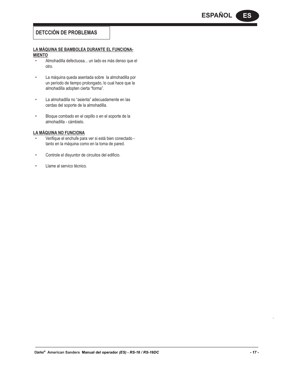 Es español, Detcción de problemas | American Sanders RS-16DC Rotary Sander User Manual | Page 17 / 34