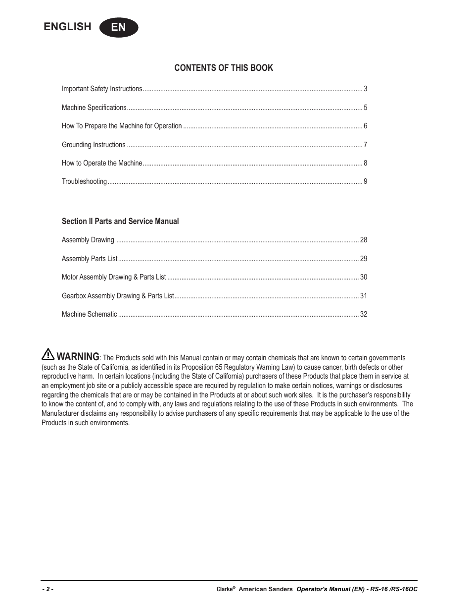 En english, Warning | American Sanders RS-16DC Rotary Sander User Manual | Page 2 / 34