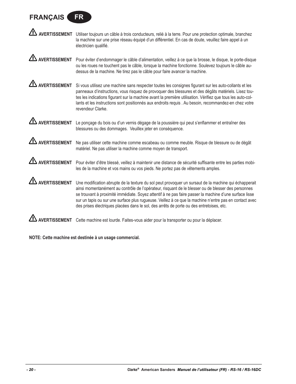 Fr français | American Sanders RS-16DC Rotary Sander User Manual | Page 20 / 34