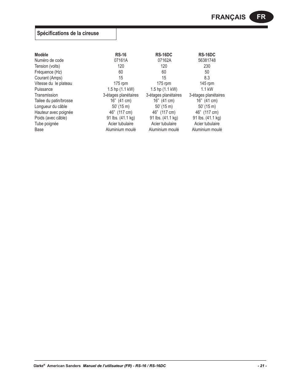 Fr français, Spécifications de la cireuse | American Sanders RS-16DC Rotary Sander User Manual | Page 21 / 34