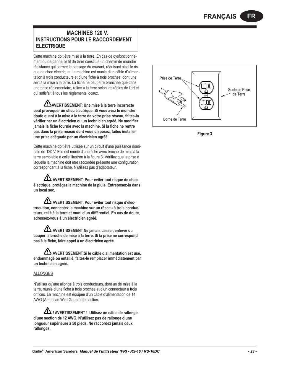 Fr français, Machines 120 v, Instructions pour le raccordement electrique | American Sanders RS-16DC Rotary Sander User Manual | Page 23 / 34