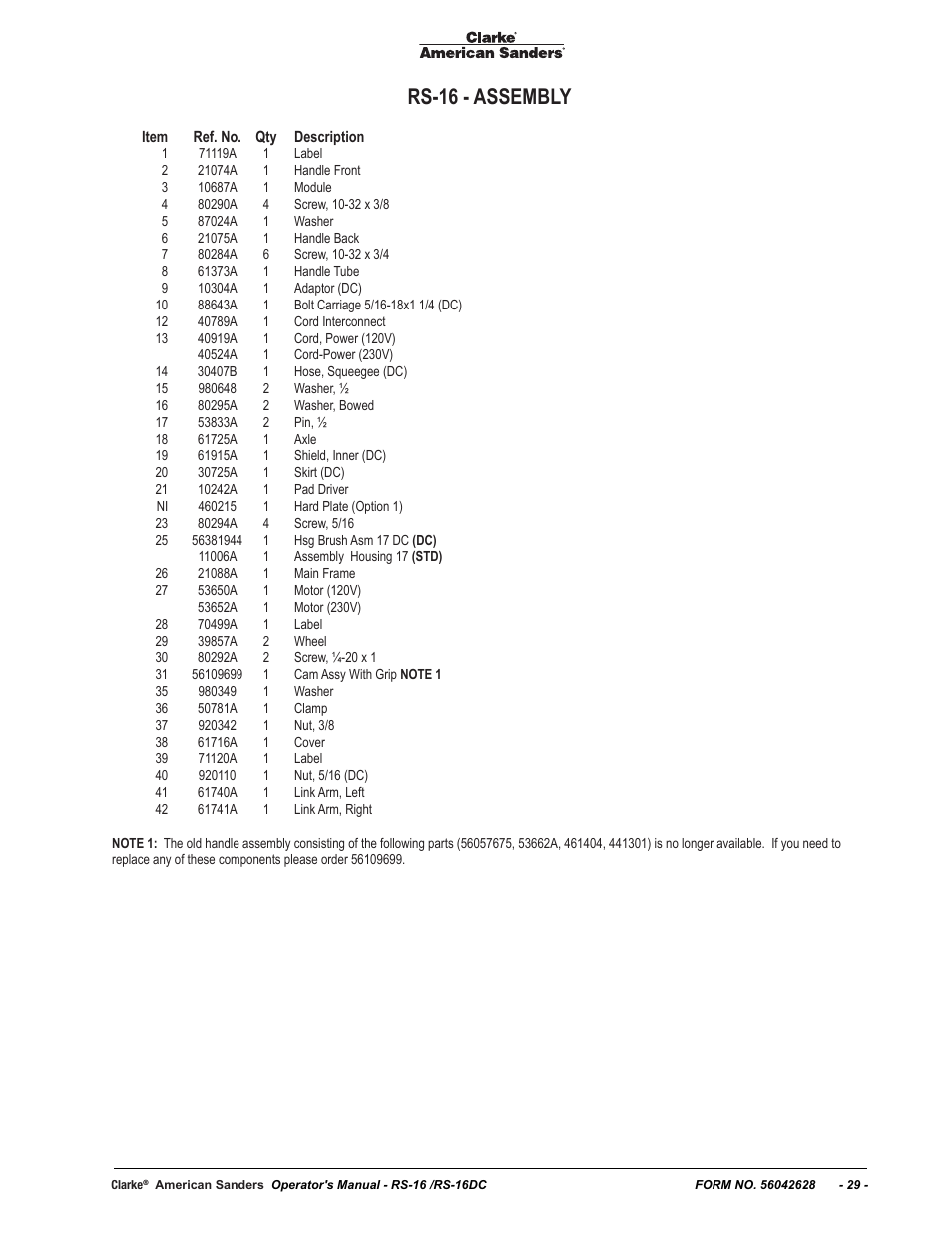 Rs-16 - assembly | American Sanders RS-16DC Rotary Sander User Manual | Page 29 / 34