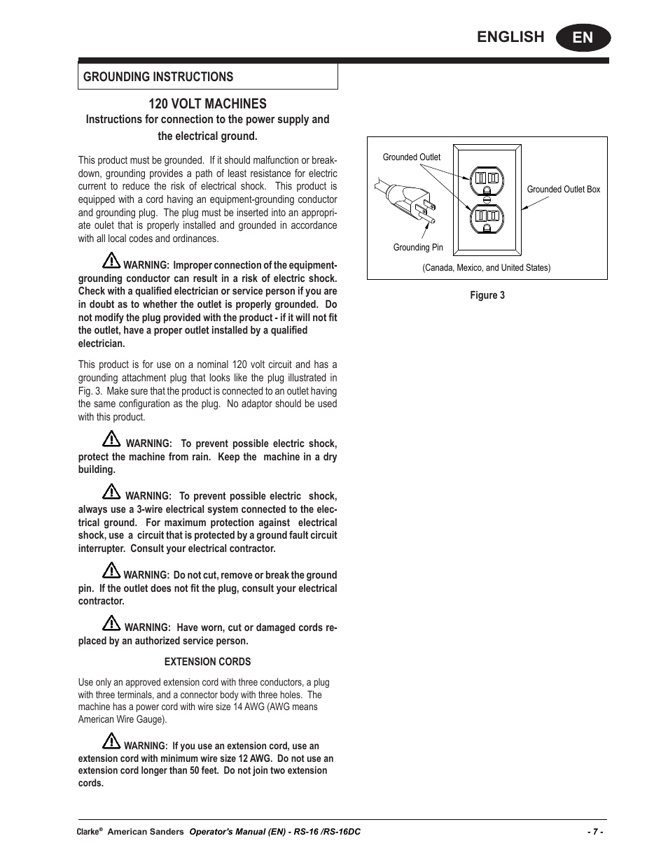 En english, 120 volt machines, Grounding instructions | American Sanders RS-16DC Rotary Sander User Manual | Page 7 / 34