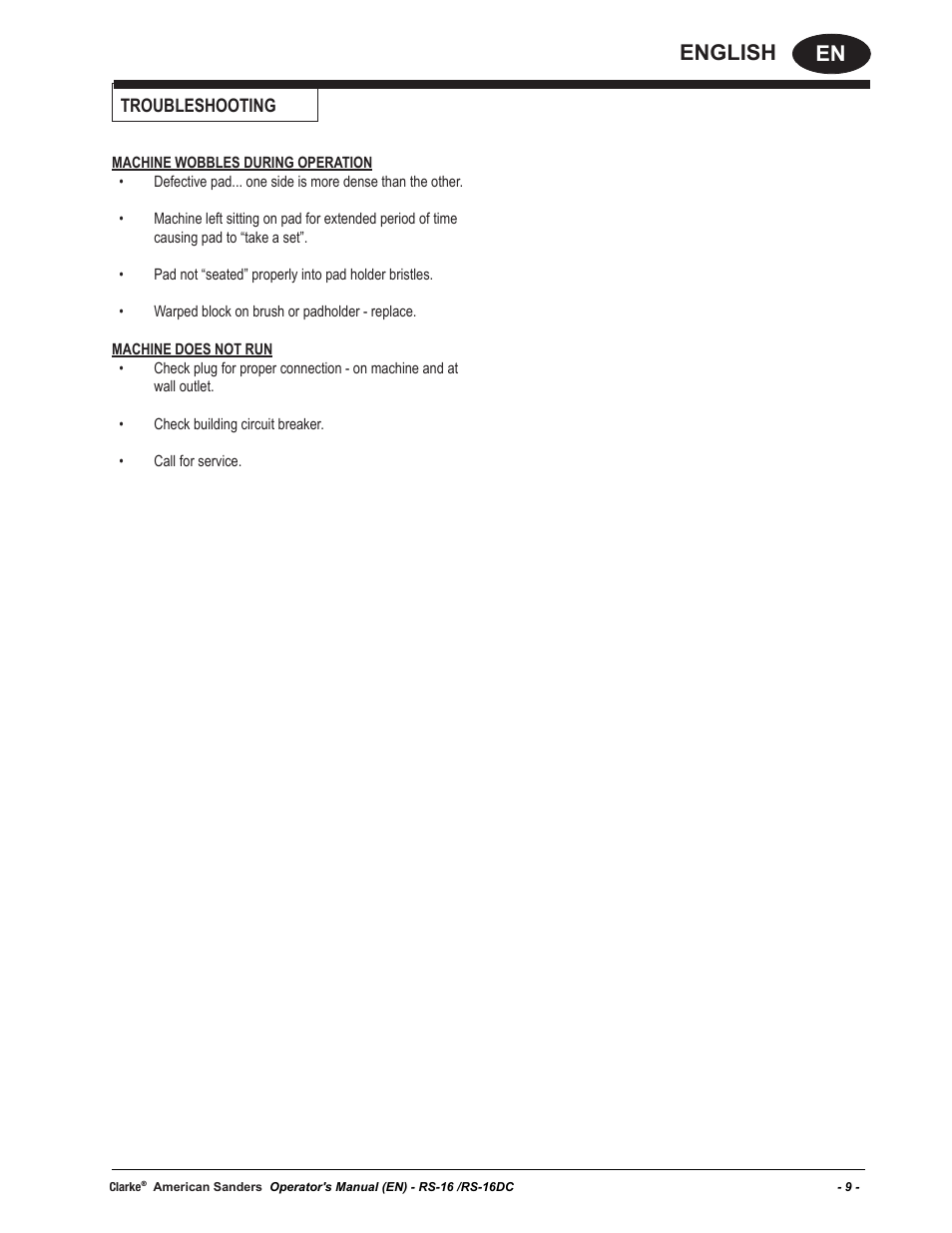 En english, Troubleshooting | American Sanders RS-16DC Rotary Sander User Manual | Page 9 / 34