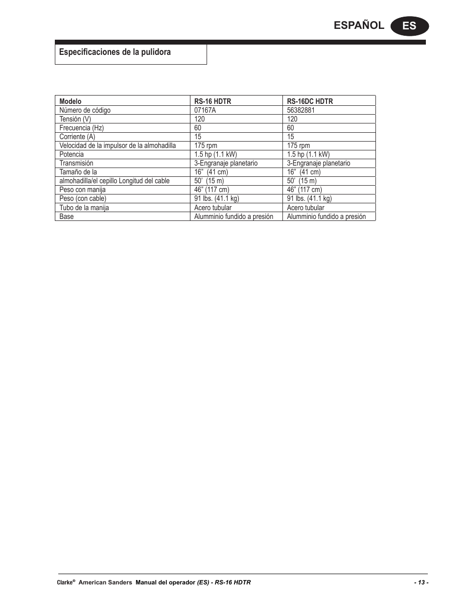 Es español, Especificaciones de la pulidora | American Sanders RS-16DC Rotary Sander User Manual | Page 13 / 32