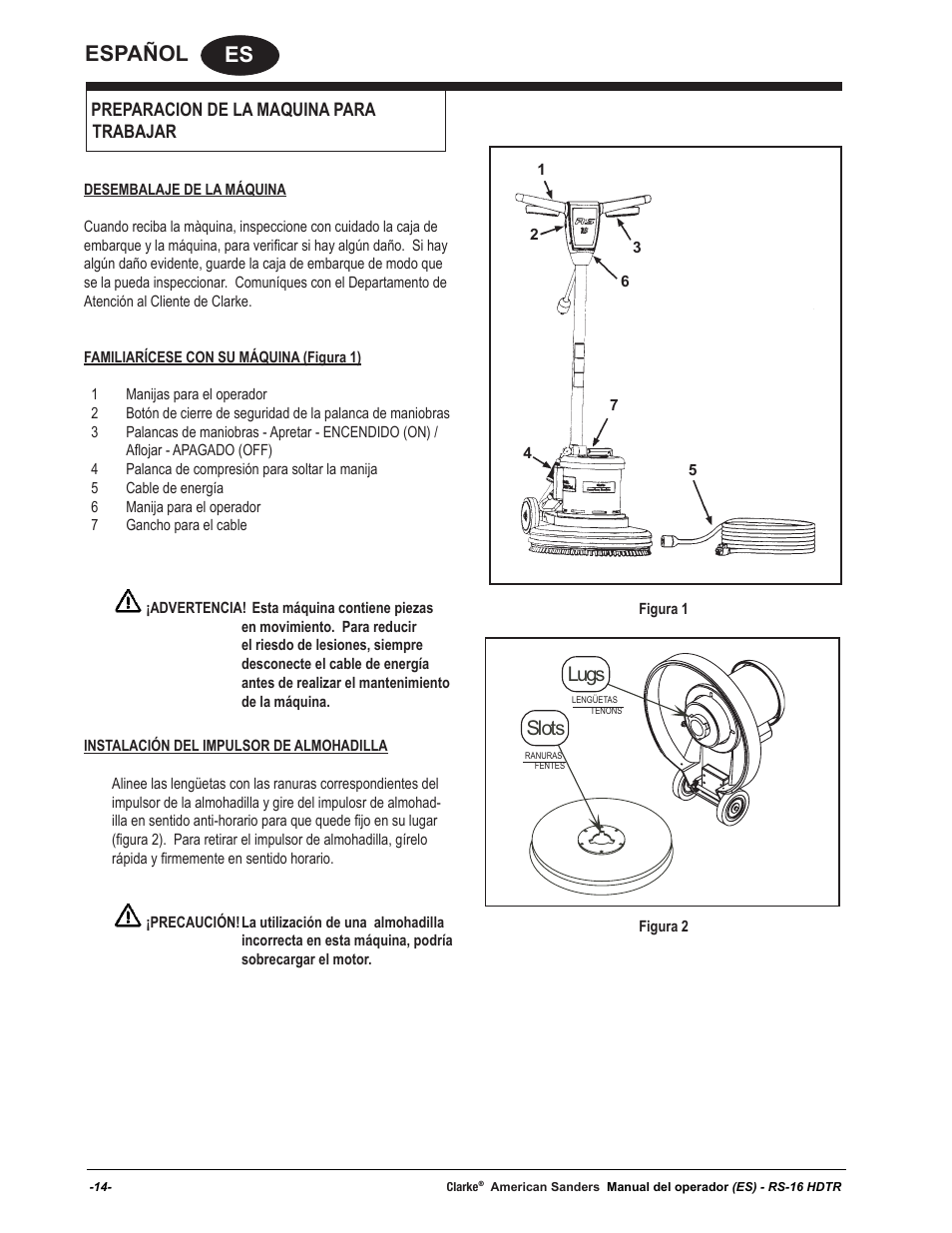 Es español, Lugs slots | American Sanders RS-16DC Rotary Sander User Manual | Page 14 / 32