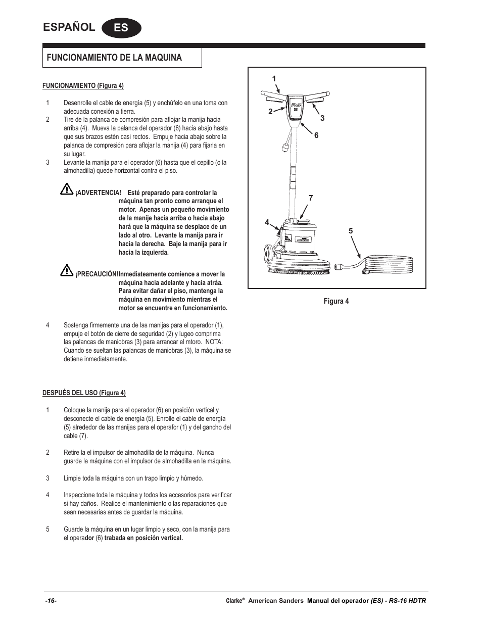 Es español, Funcionamiento de la maquina | American Sanders RS-16DC Rotary Sander User Manual | Page 16 / 32