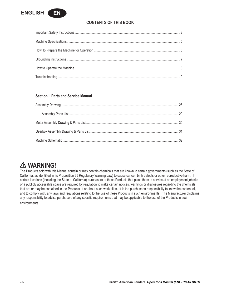 Warning, En english | American Sanders RS-16DC Rotary Sander User Manual | Page 2 / 32
