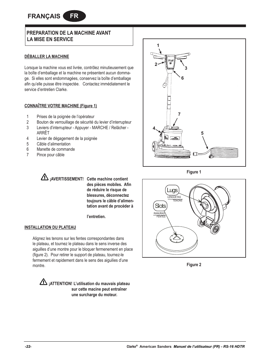 Fr français, Lugs slots | American Sanders RS-16DC Rotary Sander User Manual | Page 22 / 32
