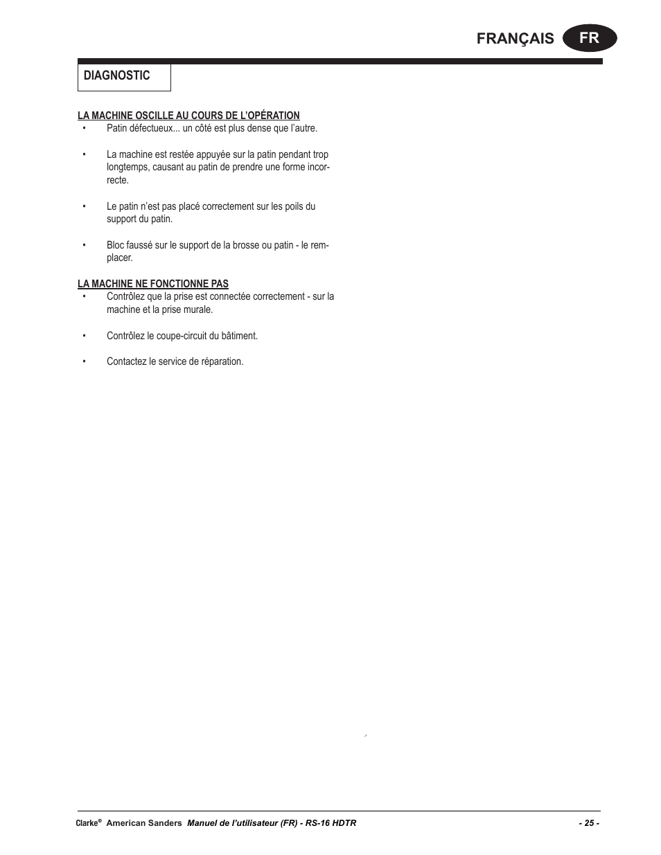 Fr français, Diagnostic | American Sanders RS-16DC Rotary Sander User Manual | Page 25 / 32