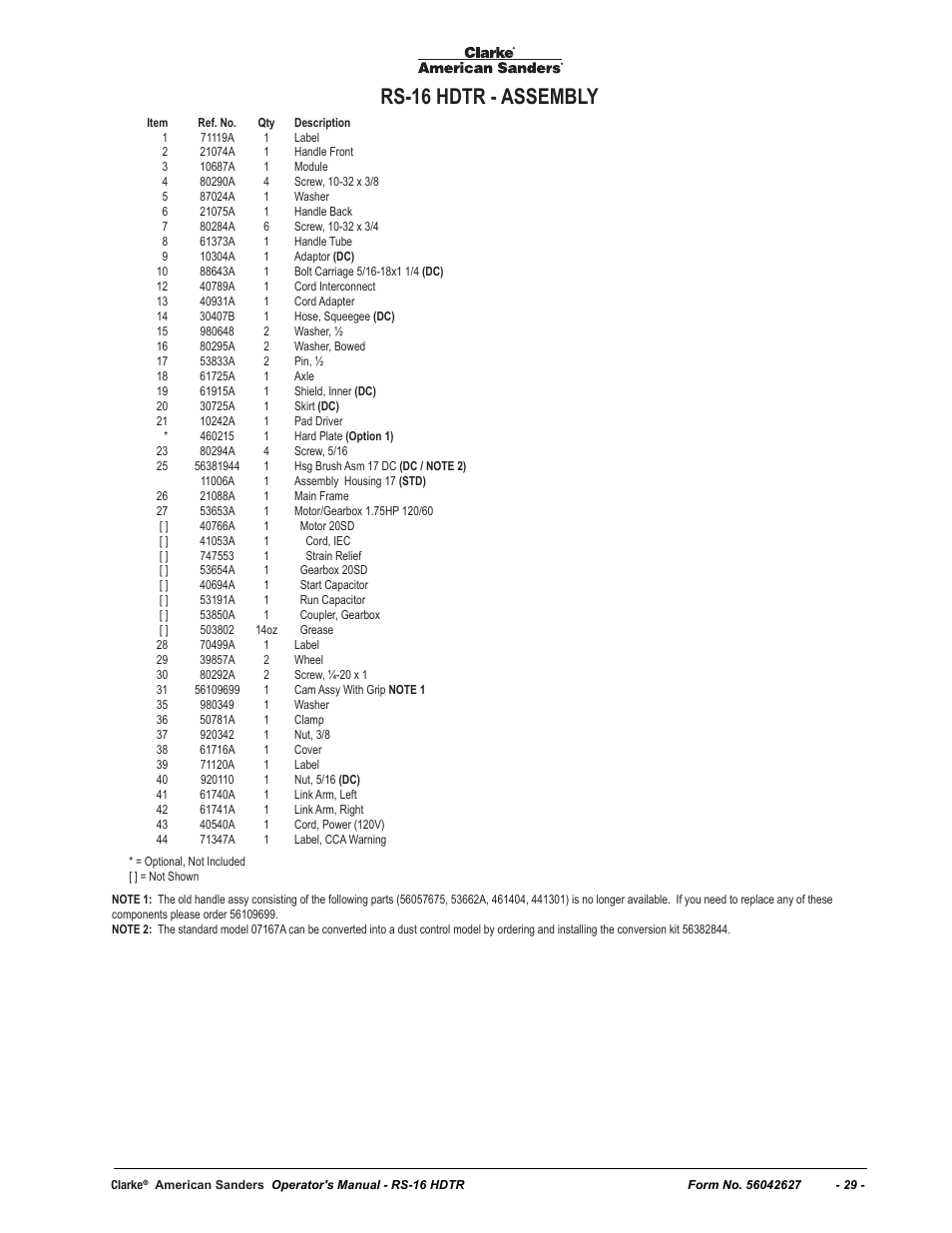 Rs-16 hdtr - assembly | American Sanders RS-16DC Rotary Sander User Manual | Page 29 / 32