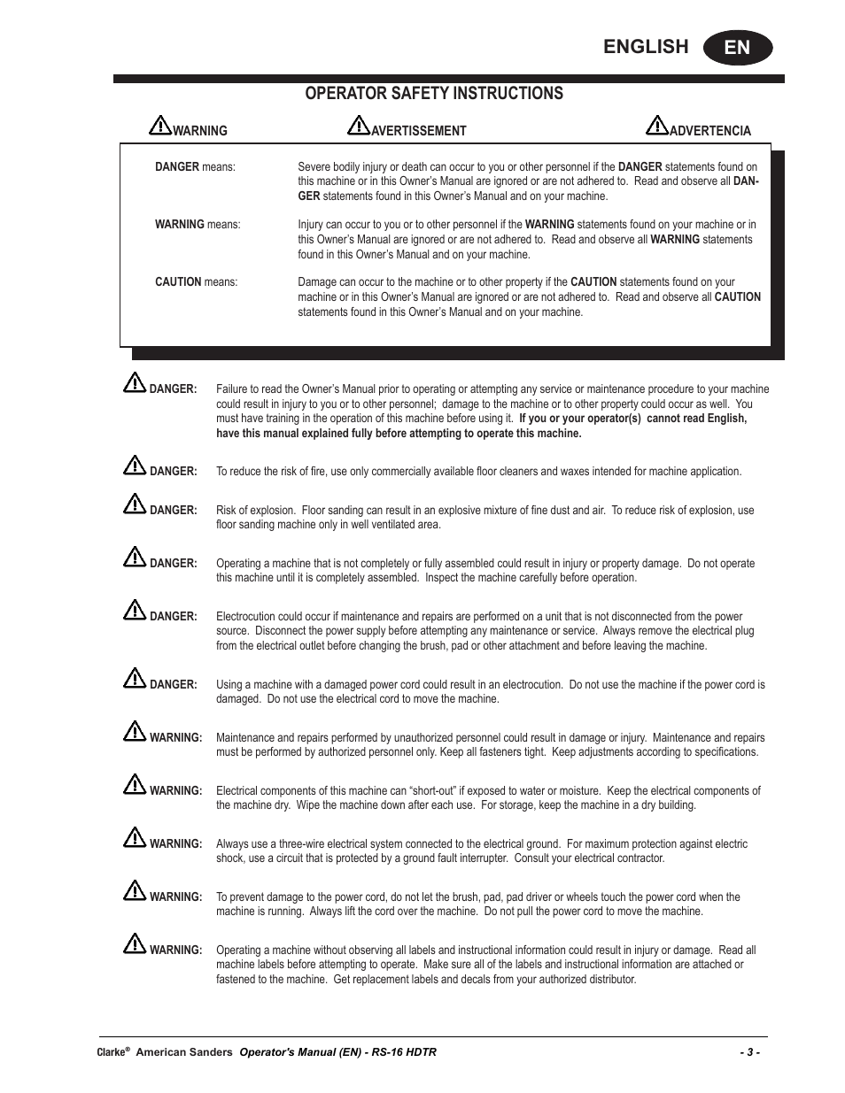 En english, Operator safety instructions | American Sanders RS-16DC Rotary Sander User Manual | Page 3 / 32
