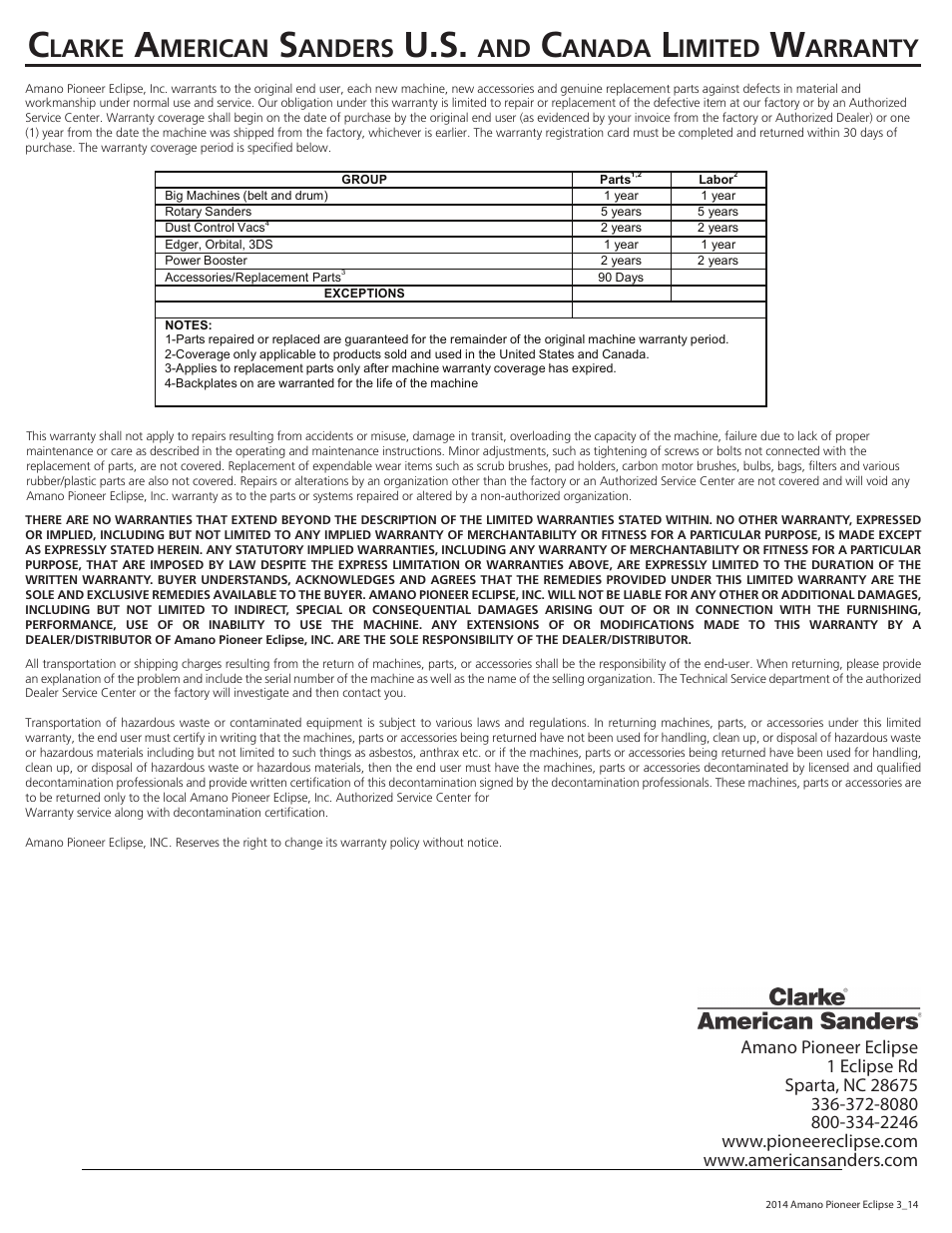 Larke, Merican, Anders | Anada, Imited, Arranty | American Sanders RS-16DC Rotary Sander User Manual | Page 32 / 32
