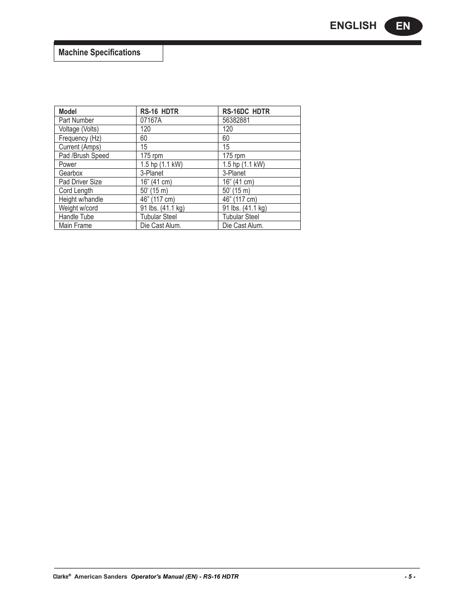 En english, Machine specifications | American Sanders RS-16DC Rotary Sander User Manual | Page 5 / 32