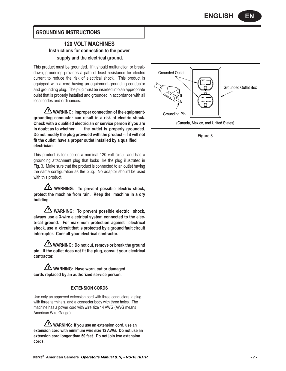 En english, 120 volt machines, Grounding instructions | American Sanders RS-16DC Rotary Sander User Manual | Page 7 / 32