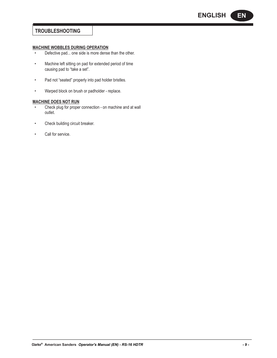 En english, Troubleshooting | American Sanders RS-16DC Rotary Sander User Manual | Page 9 / 32