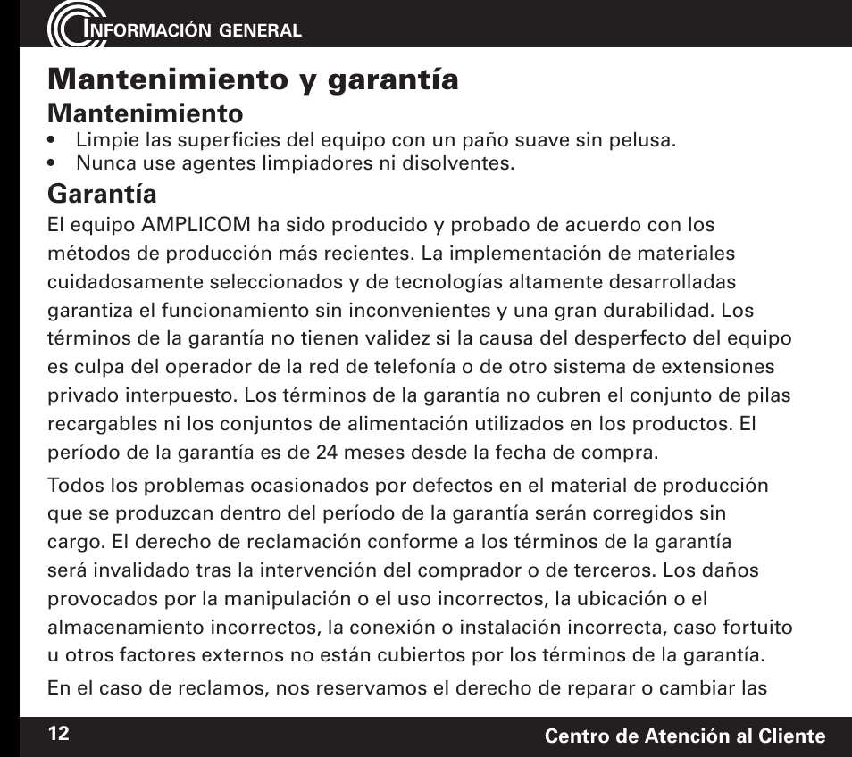Mantenimiento y garantía, Mantenimiento, Garantía | Amplicom PowerTel 60 Wireless Wrist Shaker User Manual | Page 26 / 28