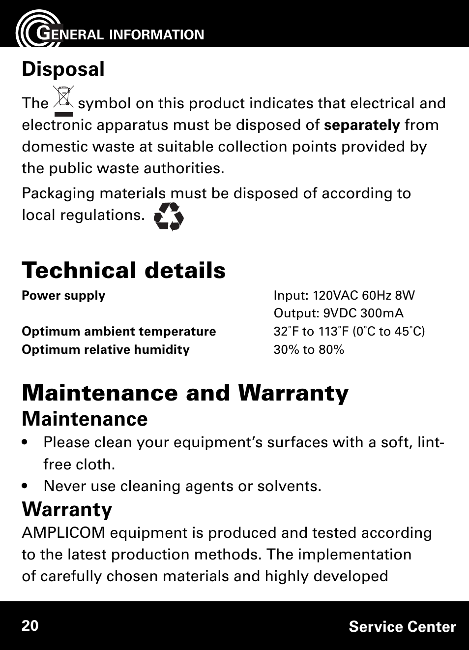 Technical details, Maintenance and warranty, Disposal | Maintenance, Warranty | Amplicom AB900 Amplified Answering Machine User Manual | Page 20 / 49