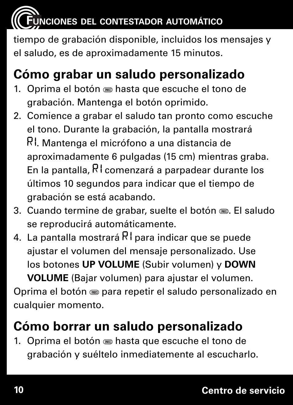 Cómo grabar un saludo personalizado, Cómo borrar un saludo personalizado | Amplicom AB900 Amplified Answering Machine User Manual | Page 33 / 49