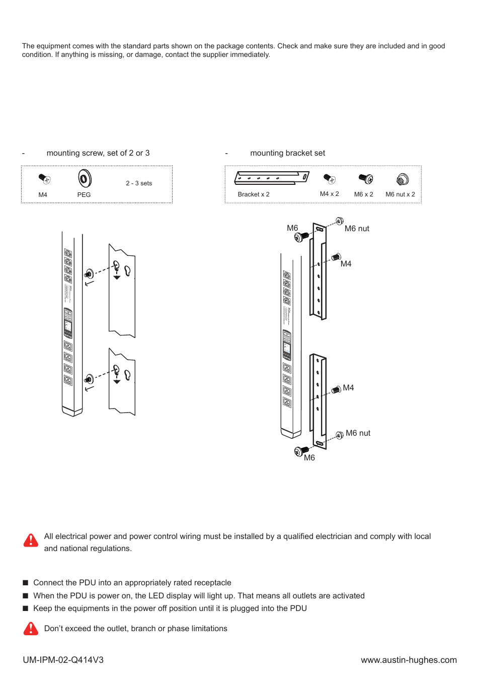 Unpacking package contents, Power on, 1 ) vertical w / ws pdu x 1 | 2 ) rackmount w / ws pdu x 1 or | Austin Hughes IPM-02 User Manual | Page 3 / 48
