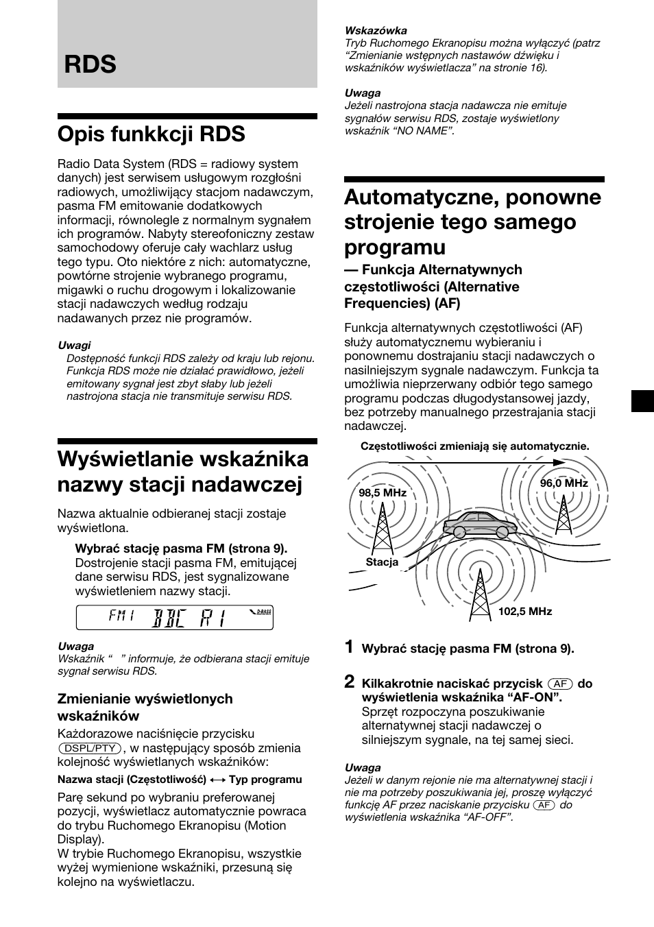 Opis funkkcji rds, Wyświetlanie wskaźnika nazwy stacji nadawczej | Sony XR-C2300R User Manual | Page 33 / 112