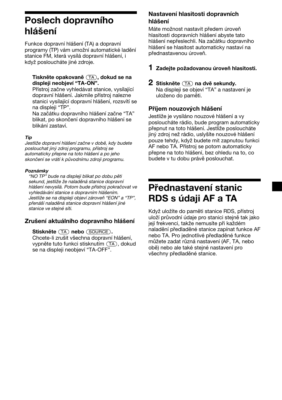 13 poslech dopravního hlášení, Přednastavení stanic rds s údaji af a ta | Sony XR-C2300R User Manual | Page 57 / 112