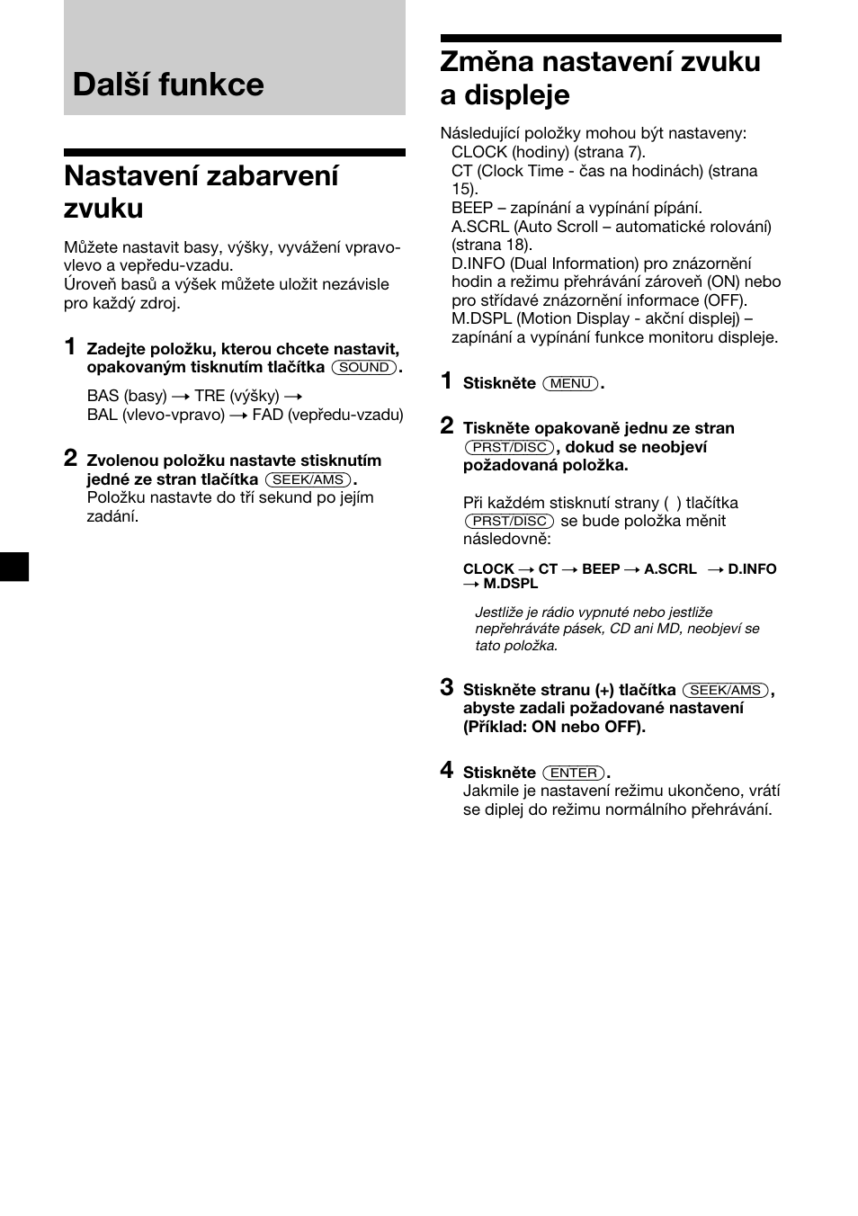 Další funkce, Nastavení zabarvení zvuku, Změna nastavení zvuku a displeje | Sony XR-C2300R User Manual | Page 60 / 112