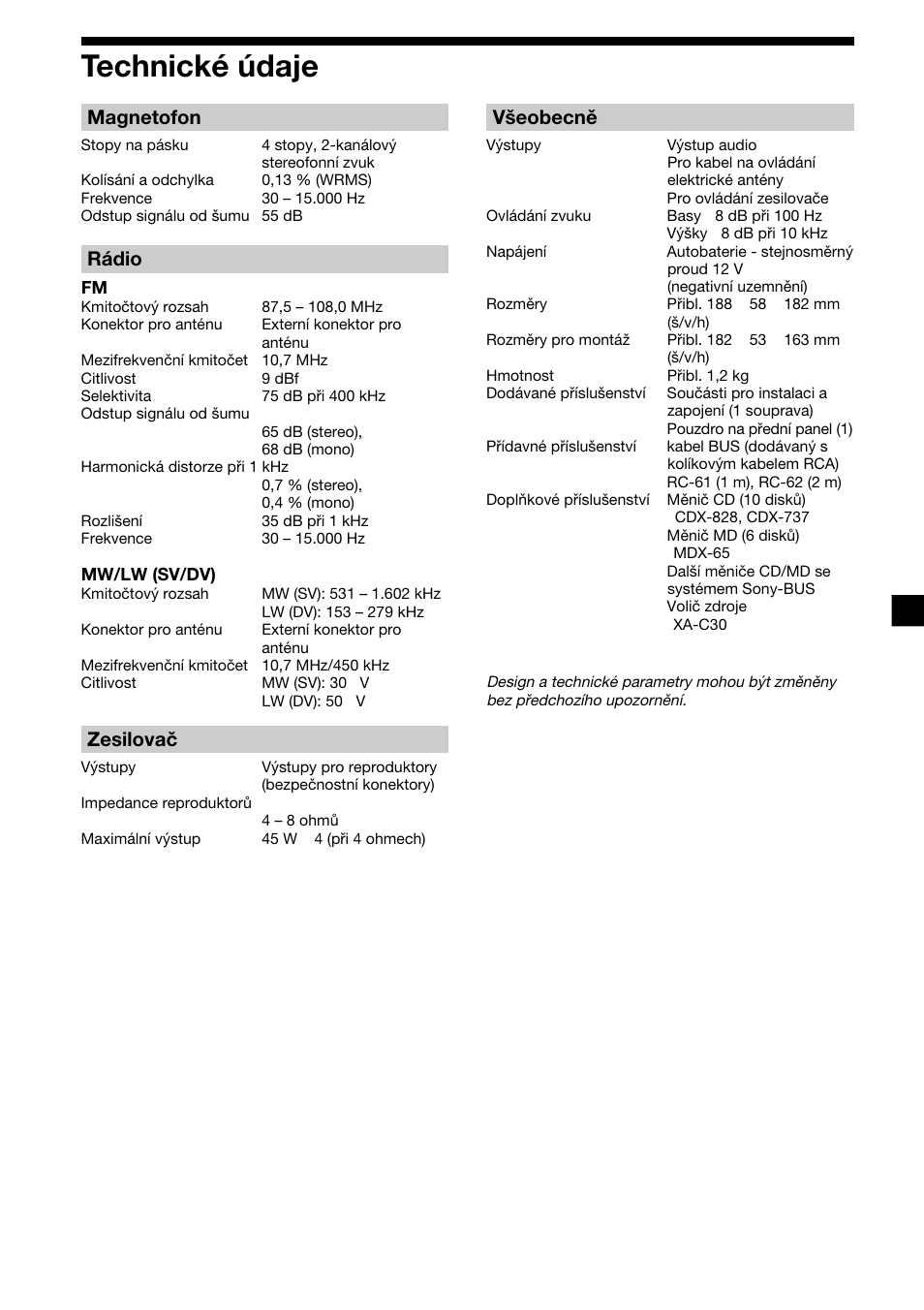 21 technické údaje, Magnetofon, Rádio | Zesilovač, Všeobecně | Sony XR-C2300R User Manual | Page 65 / 112