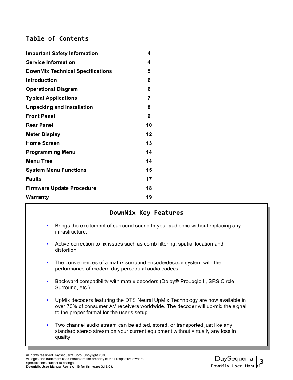 3 table of contents, Downmix key features | DaySequerra DownMix User Manual | Page 3 / 20