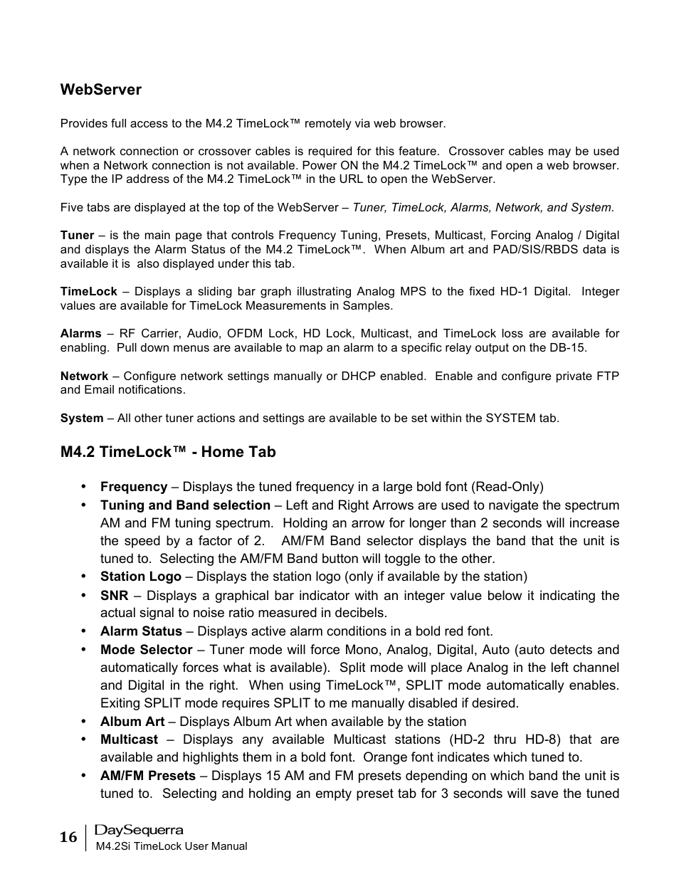 Webserver, M4.2 timelock™ - home tab | DaySequerra M4.2 TimeLock User Manual | Page 16 / 24